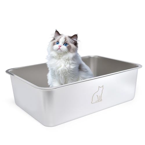 Lettiera XXL per Gatti in Acciaio Inox, Grande, Anti-Fuga e Facile da Pulire, Mai Odori, Antiruggine (50 * 35 * 15 cm)
