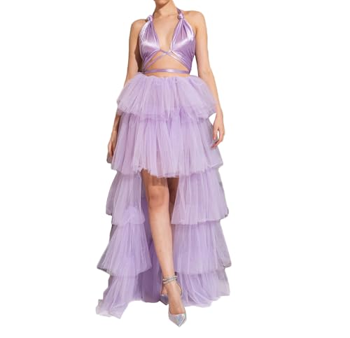Women's Rave Skirt High Low Layered Mesh Tutu Tulle Long Skirts Elastic Waist Festival Party Wedding Dress Bottoms (Purple, One Size)
