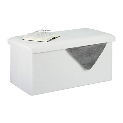 Relaxdays Banquette, Espace de Rangement,Effet Lin,rembourré, entrée, Chambre à Coucher, Coffre HlP 38x76,5x38,5cm,Blanc, Polyester, MDF, Mousse, 1 élément
