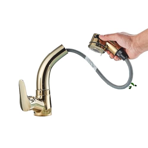 Pull Out Black Bathroom Sink Faucet Hot And Cold Water Mixer Crane Lift Up And Down Chrome 360 Degree Water Mixer Tap(Gold)