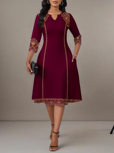 Image of PinkPatty Women's Casual 3 /4 Sleeve Midi Dresses Fit and Flare Church Work Dress with Pockets