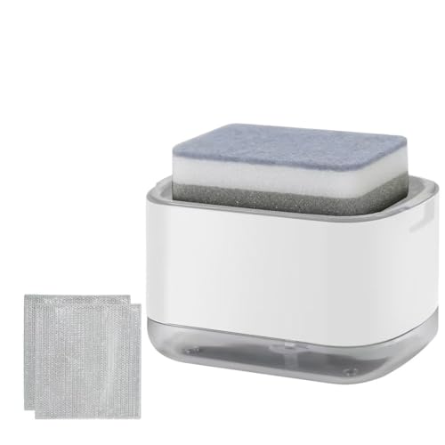 Image of Kitchen Dish Soap Dispenser with Sponge Holder, 2-in-1 Countertop Soap Pump Dispenser, Soap Dispenser for Kitchen Sink with 2-Packs Wire Dishwashing Rag,White
