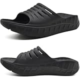 KuaiLu Mens Recovery Sandals Sport Comfortable Arch Support Athletic Cushion Walking Slides Orthopedic Plantar Fasciitis Open Toe Slip On Wide Width Summer Pool Beach Waterproof Slippers Black Size 10