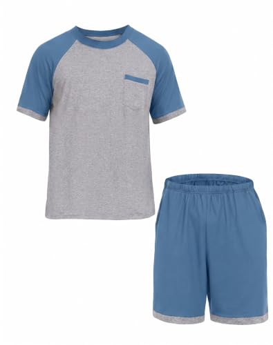Image of Mens Pajamas Set Lightweight Summer Pjs Sleepwear Soft Comfy Short Sleeve Loungewear With Pocket (S-4X)