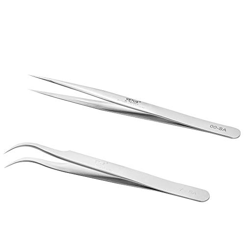 EMEDA Eyelash Extension Tweezers 2 Pieces VETUS Straight Pointer and J Curved Tweezers for Eyelash Extensions Precision Lashing Tweezers Professional Tools for Isolation Classic Volume Lash Extensions