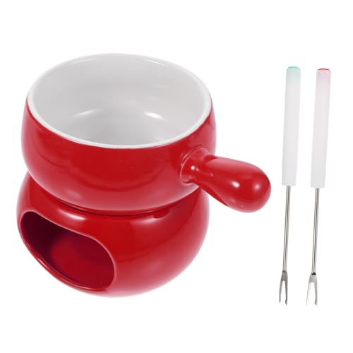 VALICLUD Fondue de Queso y Chocolate con Base Roja Olla Cerámica con Mango y Tenedores Resistente y Fácil de Limpiar para Uso Doméstico