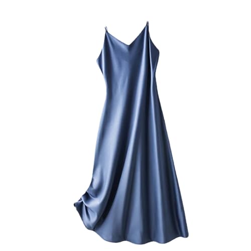 Adhdyuud Damen Elegant Seide Satin Slip Kleid Sommer Ärmellos V-Ausschnitt Spaghettiträger Kleider, blau, XL