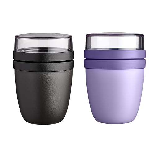Mepal | Lunchpot Ellipse Mixed | Nordic Black + Vivid Lilac | Müslibecher to go | Unterteilung für Joghurt & Müsli | 500 ml + 200 ml | Geeignet für Gefrierschrank, Mikrowelle & Spülmaschine