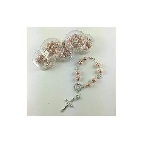 YRP gifts 12 Baptism Favors Light Pink Silver Plated/Recuerdos De Bautizo/Rear View Mirror Charms/Bracelets/Wedding Favors/Mini Rosary Cover