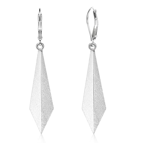 ALEXCRAFT 925 Sterling Silver Dangle Earrings for Women Trendy Handmade Brushed Drop Dangle Earrings Jewelry 14K Gold Plated Hypoallergenic Rhombus Sliver Leverback Dangle Earring Gifts