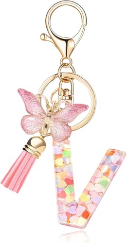 Image of GEOCARTER Lightweight Fashion Initial Letter Key Ring with Butterfly Pendant & Tassel, Stylish Purse Charm for Handbags, Car Keys, Gifts for Girls & Women