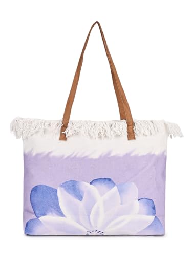 Image of GRECIILOOKS Eco Canvas Boho Tote Bag for Women, Spacious Jute Handbag with Faux Leather Straps, Frayed Edge & Floral Print, Lightweight Shoulder Bag for Beach Travel Shopping Work