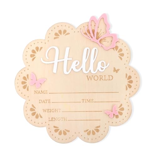 JDRGJTH Newborn Announcement Sign, 6.29 Inch Wooden Pink Butterfly Hello