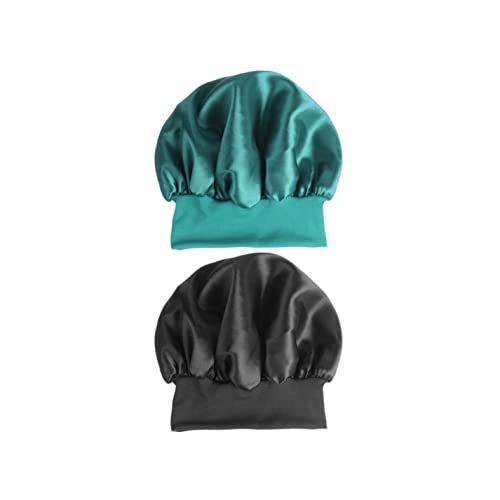 KZTHA 2 Stück Satin Bonnet Schlafhaube Seide Locken Atmungsaktive Seide Schlafmütze Verstellbare Silk Bonnet Seidenhaube zum Schlafen Weiche Satin Haube für Damen Mädchen(Schwarz blau) Cover