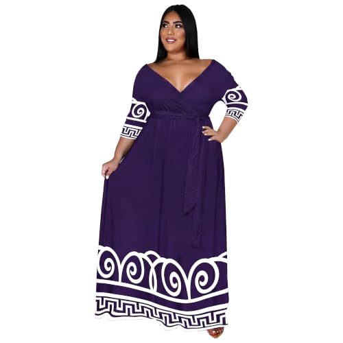 Image of Nmoder Plus Size Maxi Dress for Women - Summer Casual 3 /4 Sleeve Floral Flowy Long Dress with Belt XL- 6XL