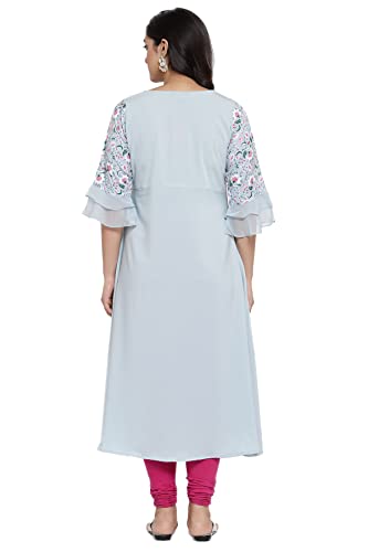 Image of Crepe Floral Regular Kurta (Women Light Blue XL)