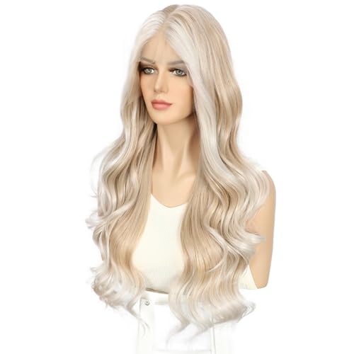 Sapphirewigs Lace Front Wig Synthetic Ombre Blonde 13x4 Body Wave Synthetic Lace Front Wigs Party Date Daily Wear Christmas Natural Looking 26 inch - Image 4