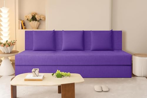 Image of Rosebell Three-Person Jute Sofa Cum Bed | Compact & Lightweight | Removable Washable Cover- Including 3 Cushion | 5x6 Ft Size | Home or Office - Purple Color