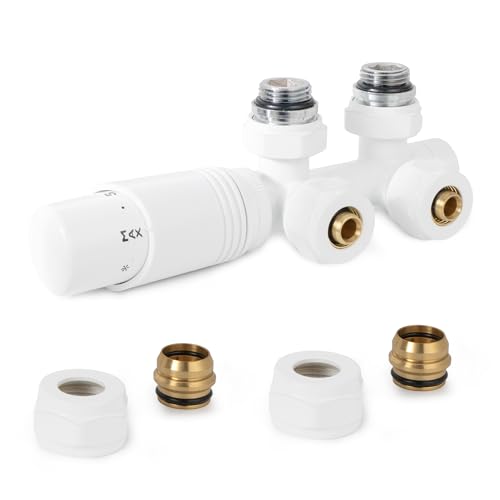 VANCOCO Multiblock mit Thermostat für Heizkörper 50mm Nabenabstand, Hahnblock, Ventil-Armaturen Set in Durchgangsform mit Eurokonus für Ø16×2 mm Kunststoff- und Ø15mm Kupferrohre (Weiß) VANCOCO Multiblock mit Thermostat für Heizkörper 50mm Nabenabstand, Hahnblock, Ventil-Armaturen Set in Durchgangsform mit Eurokonus für Ø16×2 mm Kunststoff- und Ø15mm Kupferrohre (Weiß)