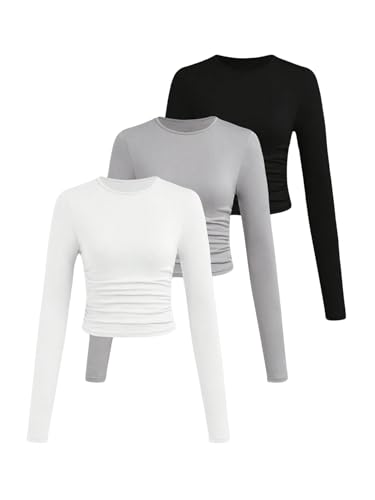 Image of Floerns Girl's 3 Pcs Long Sleeve T Shirts Round Neck Ruched Solid Tee Shirts Black Multi 14Y