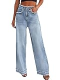 LBDLONGBIDA Women's Wide Leg Jeans Stretchy High Waisted Baggy Jeans for Woman 2026 Trendy Loose Fit Frayed Raw Hem Denim Pants(Light Blue,L)