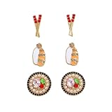 6 Pcs Alloy Chopsticks Meat Sushi Stud Earrings Set for Women, Cute Food Theme Earring Studs with Rhinestones, Hypoallergenic Foodie Fashion Jewelry Accessories