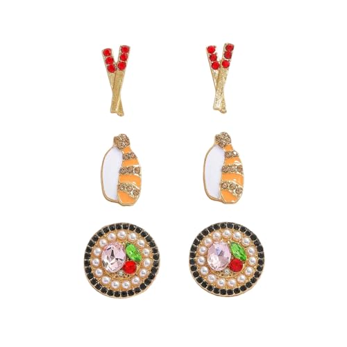 6 Pcs Alloy Chopsticks Meat Sushi Stud Earrings Set for Women, Cute Food Theme Earring Studs with Rhinestones, Hypoallergenic Foodie Fashion Jewelry Accessories