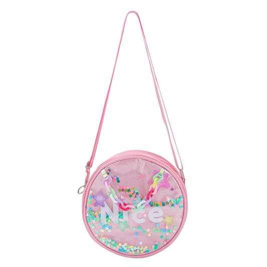 Girls Round Crossbody Bag with Glitter 'Nice' Text and Sequins, Pink,Purple and blue random color
