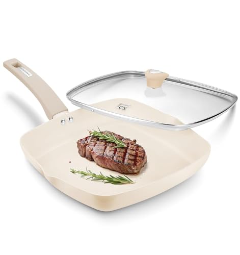 Image of KOCH SYSTEME CS Nonstick Grill Pan for Stove Tops, 11 Inch Square Frying Pan with Lid, Ultimate Ceramic Coating Grill Skillet with Bakelite Handle, Induction Griddle Pan, PFOA Free, Cream White