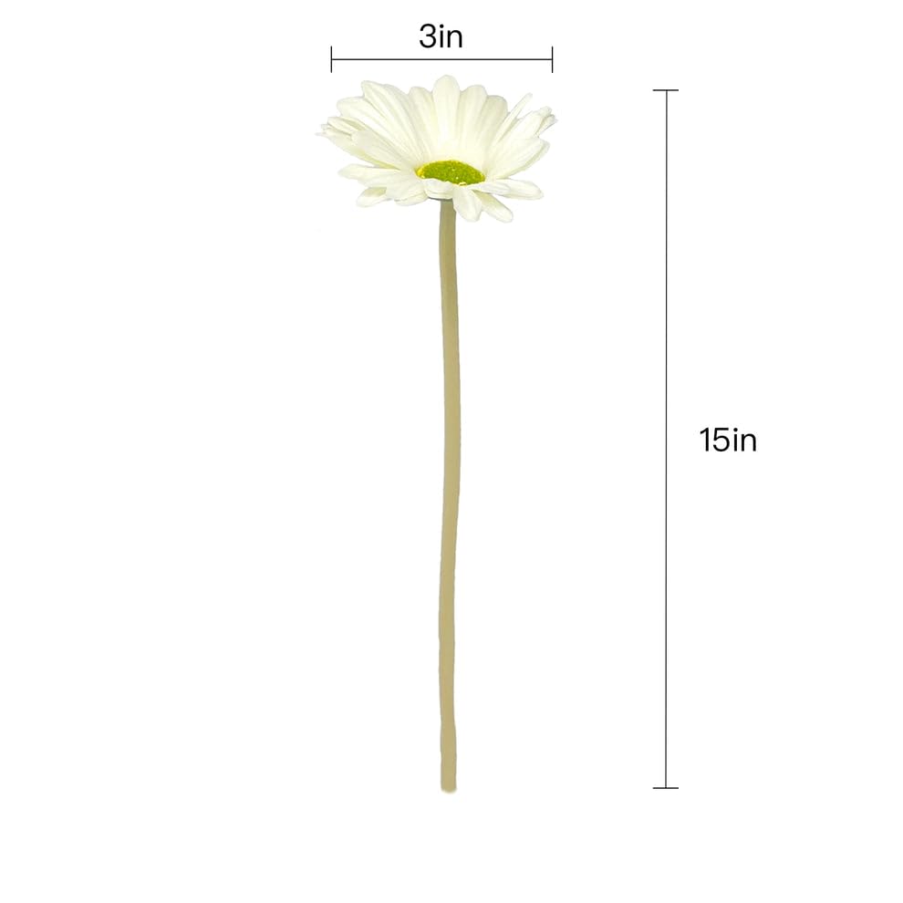 Cutefornia 15-Inch Real Touch Gerbera Daisy Artificial Flower Stems - Vibrant Home Decor, Set of 6 (White)
