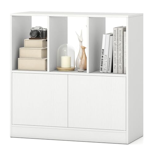 KOMFOTTEU Librería con 3 Compartimentos Abiertos, Estantería para Libros con Armario de Puertas, Mueble de Almacenamiento con Dispositivo Antivuelco para Salón, Oficina, 70 x 30 x 70 cm (Blanco)