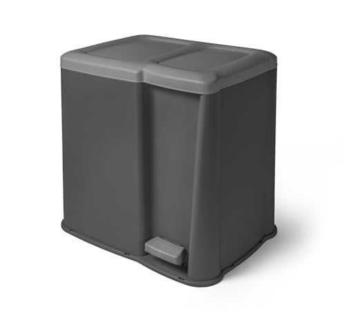 SUSTANIA Mülleimer Doppelkammer Treteimer mit Pedal - Abfalltrennung Recycling Abfallbehälter für Küche und Büro - Zwei Fächer mit separaten Deckeln - Grau