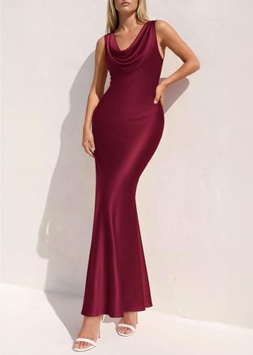 Image of KIRUNDO Womens Cowl Neck Sleeveless Bodycon Satin Maxi Dress | Formal Silk Long Dresses, Mermaid Hem, 2026 Summer Elegant Wedding Guest Cocktail Party Fall Outfits