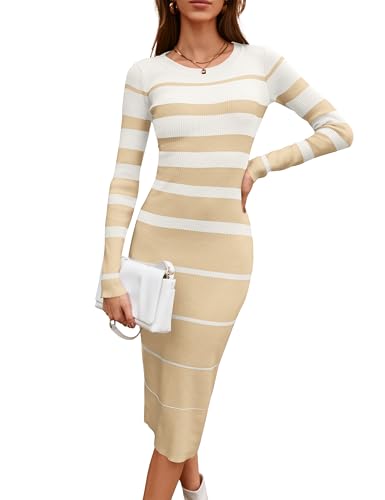 MAKABO Women's Fall Apricot Long Sleeve Ribbed Sweater Dress Stripe Slimming Midi Dresses Date Outfits, S