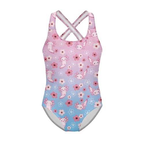 Image of Girls One Piece Swimsuit Axolotl Cross Back Straps Bathing Suit Lightweight Quick Dry Gymnastics Leotard
