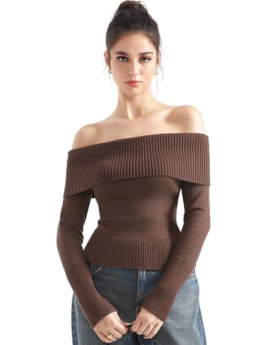 Image of SUUKSESS Women Off Shoulder Sweaters Long Sleeve Ribbed Knit Going Out Fall Tops Blouse