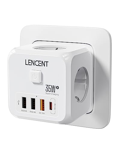 LENCENT Enchufe USB Cubo con Carga Rápida PD35W, Ladron Enchufe 4000W con 3 Tomas de CA, 3 USB y 1 PD35W, Cubo Enchufe Multiple Pared con Interruptor, Cargador USB para Familia, Cocina y Oficina