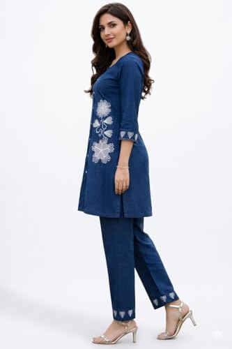 Image of SQUARO Women Kurta Pant Set for Women Stylish Co Ord Set Embroidered Top With Trousers Ethnic Kurta Set Ladies Straight Coat Set Casual Office Wear Festive Indian Wear (1 Pair)