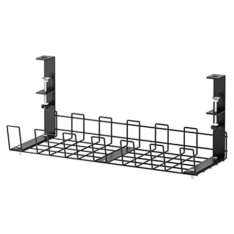 Cable Management Under Desk Tray, 39CM No Drill Iron Desk Wire Organizers, Wire Management Tray Cable Management Rack, Desk Cable Tray Desk Cord Organizer with Clamp Mount System and Screws Cover
