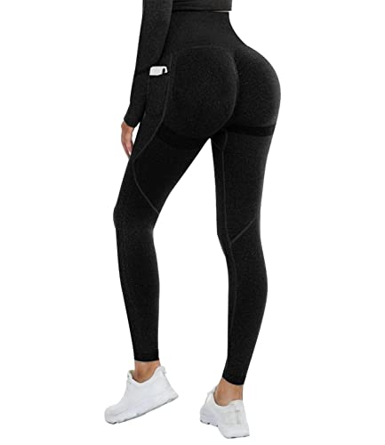 DUROFIT Mallas Push Up Mujer Leggings con Bolsillo Deportivas Pantalones Deportivos Fitness Leggins Polainas de Yoga Training Fitness Cintura Alta Estiramiento Elásticos Negro L