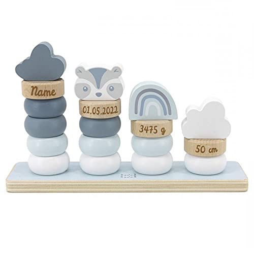 Elefantasie Stapelringe aus Holz blau personalisierbar mit Name und Geburtsdaten Baby Geschenk mit Gravur