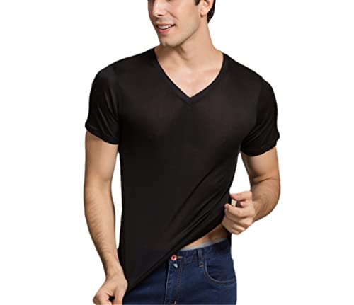 T-shirt homme soie naturelle col V manches courtes noir taille XL été