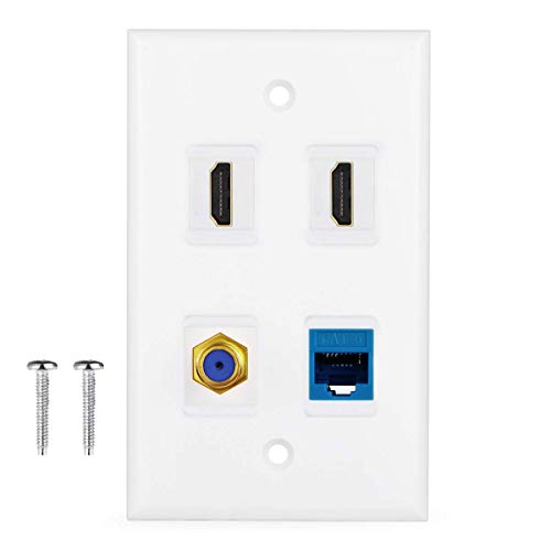 HDMI Coax Ethernet Wall Plate, 2 Port HDMI Keystone Female to Female, 1
