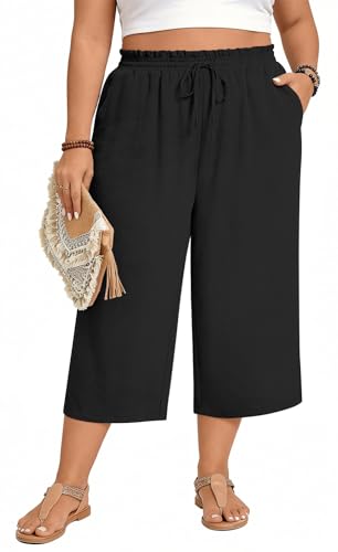 Image of Anyhold Women's Capri Pants Drawstring Casual Palazzo Trousers with Pockets Loose High Waisted Wide Leg Lounge Pants