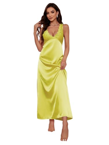 Image of WDIRARA Women's Satin Sleepwear Nightgown | Lace, Backless, Deep V Neck, Sleeveless, Long