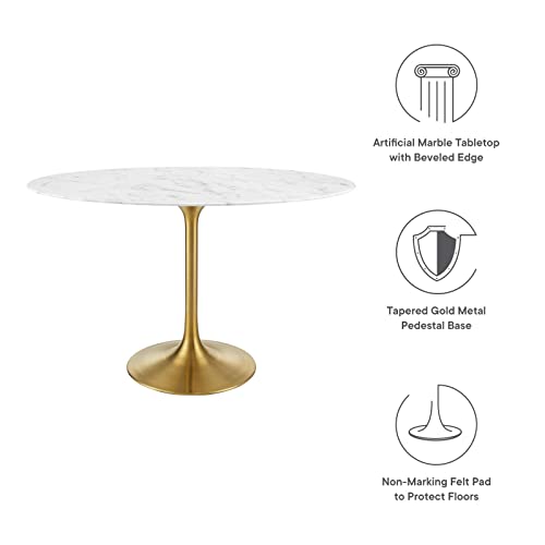 Image of Modway Lippa 48 inch Oval-Shaped Mid-Century Modern Dining Table with Artificial Marble Top and Gold Base