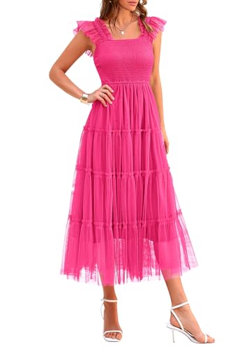 PRETTYGARDEN Women's Summer Tulle Midi Dress Sleeveless Smocked Ruffle Flowy Mesh Dresses Party Wedding Guest Sundress