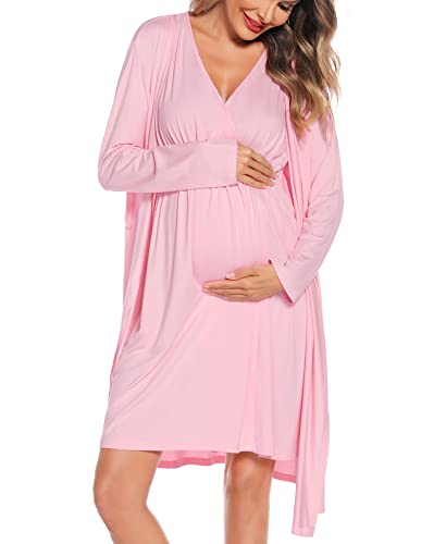 Image of SWOMOG Women Maternity Nursing Gown and Robe Set 3 in 1 Labor Delivery Nursing Nightgown for Breastfeeding Hospital Bathrobe