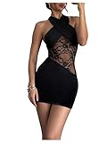 MakeMeChic Women's Christmas Dresses Halter Mini Bodycon Criss Cross Party Black Lace Dress Black Small