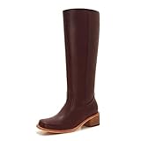 ZXHYZLZ Damen breite Waden-Stiefel mit seitlichem Reißverschluss - Burgunderrot Kunstleder Niedriger Absatz Reitstil Herbst Winter Mode Stiefel, Burgunder, 41 EU Weit